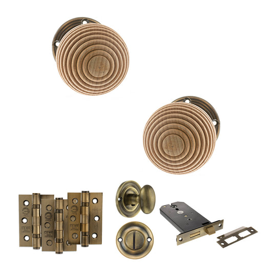 Old English Bridlington Door Knob Pack (Lock Set - Horizontal Bathlock, 3" Fire Rated Hinges x3) - Antique Brass - Default