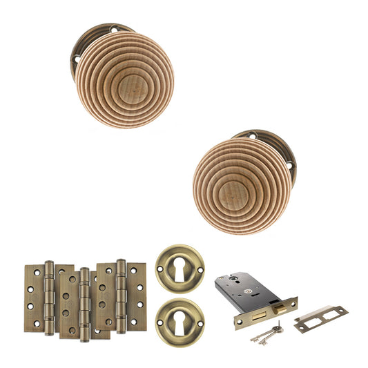 Old English Bridlington Door Knob Pack (Lock Set - Horizontal Sashlock, 4" Fire Rated Hinges x3) - Antique Brass - Default
