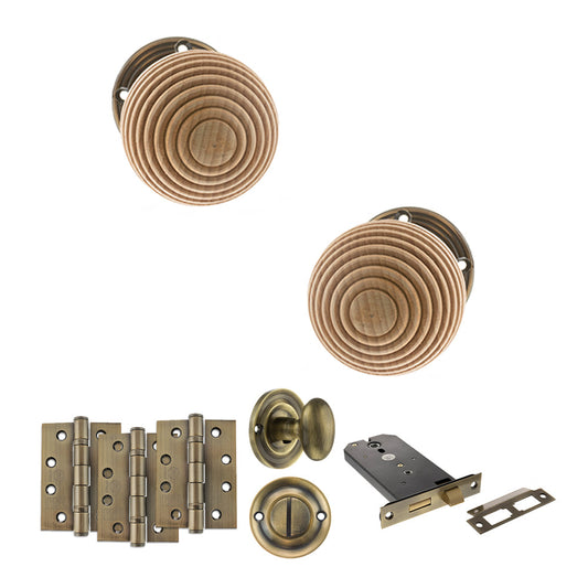 Old English Bridlington Door Knob Pack (Lock Set - Horizontal Bathlock, 4" Fire Rated Hinges x3) - Antique Brass - Default