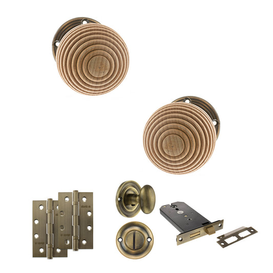 Old English Bridlington Door Knob Pack (Lock Set - Horizontal Bathlock, 4" Slim Knuckle Hinges x2) - Antique Brass - Default