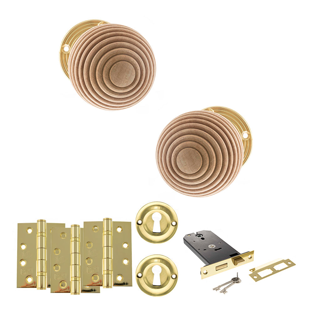 Old English Bridlington Door Knob Pack (Lock Set - Horizontal Sashlock, 4" Fire Rated Hinges x3) - Polished Brass - Default