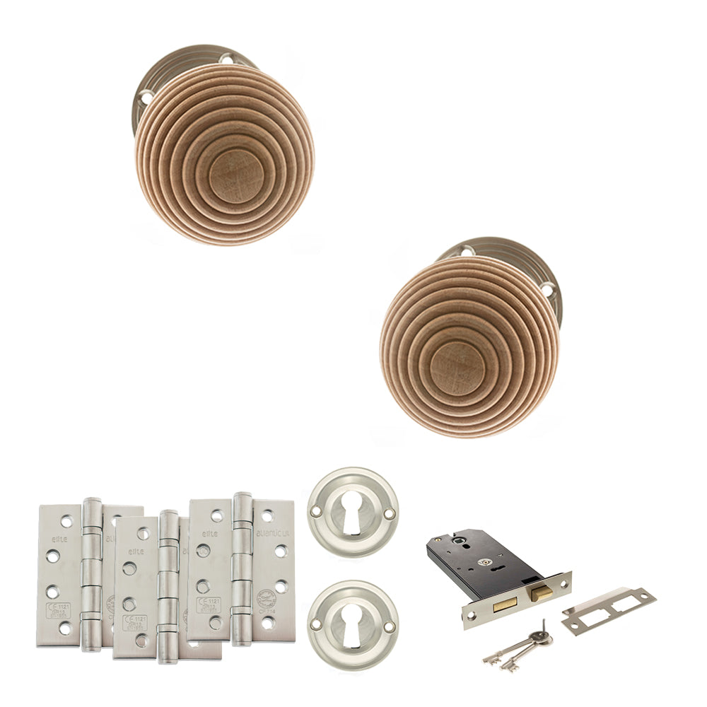 Old English Bridlington Door Knob Pack (Lock Set - Horizontal Sashlock, 4" Fire Rated Hinges x3) - Satin Nickel - Default