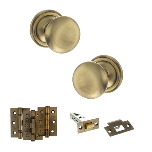 Old English Harrogate Door Knob Pack (Latch Set - 3" HD Latch, 3" Fire Rated Hinges x3) - Antique Brass - Default