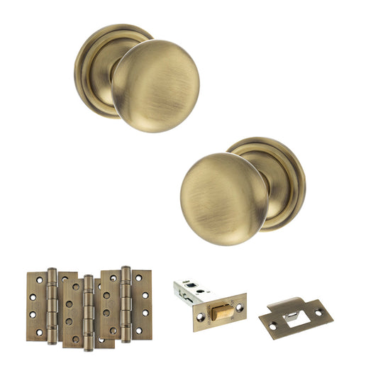 Old English Harrogate Door Knob Pack (Latch Set - 3" HD Latch, 4" Fire Rated Hinges x3) - Antique Brass - Default