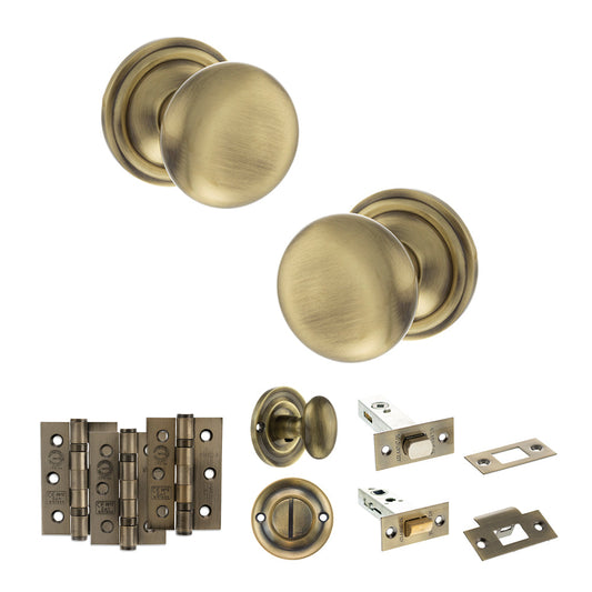 Old English Harrogate Door Knob Pack (Bathroom Set - 4" Deadbolt, 3" Fire Rated Hinges x3) - Antique Brass - Default