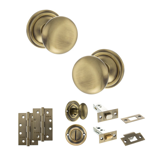 Old English Harrogate Door Knob Pack (Bathroom Set - 4" Deadbolt, 4" Slim Knuckle Hinges x2) - Antique Brass - Default