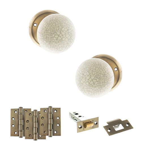 Old English Skipton Door Knob Pack (Latch Set - 4" HD Latch, 4" Fire Rated Hinges x3) - Antique Brass - Default