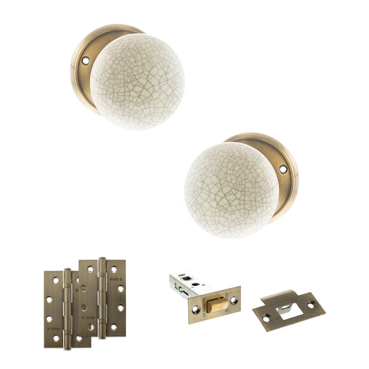 Old English Skipton Door Knob Pack (Latch Set - 4" HD Latch, 4" Slim Knuckle Hinges x2) - Antique Brass - Default