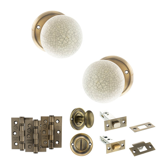 Old English Skipton Door Knob Pack (Bathroom Set - 4" Deadbolt, 3" Fire Rated Hinges x3) - Antique Brass - Default