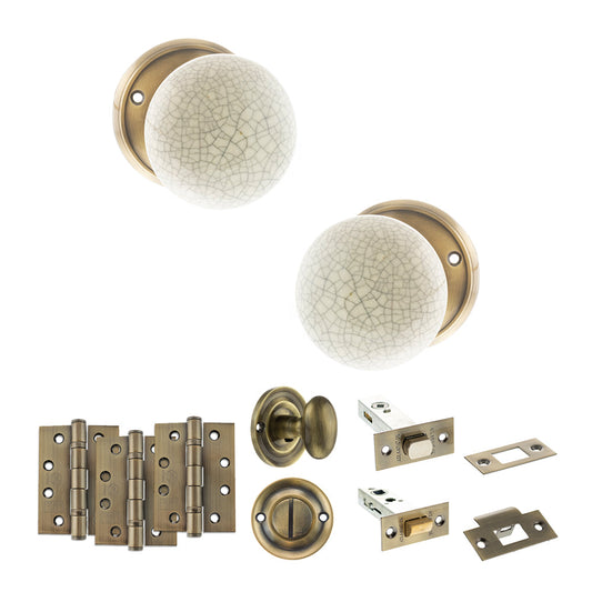 Old English Skipton Door Knob Pack (Bathroom Set - 3" Deadbolt, 4" Fire Rated Hinges x3) - Antique Brass - Default