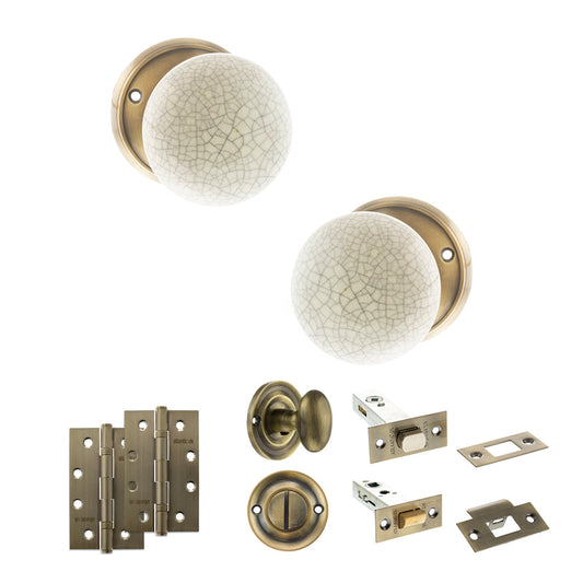 Old English Skipton Door Knob Pack (Bathroom Set - 4" Deadbolt, 4" Slim Knuckle Hinges x2) - Antique Brass - Default