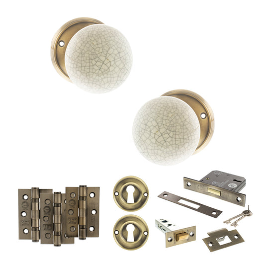 Old English Skipton Door Knob Pack (Lock Set - 3" Latch & Deadlock, 3" Fire Rated Hinges x3) - Antique Brass - Default