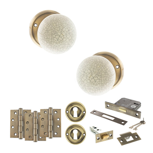 Old English Skipton Door Knob Pack (Lock Set - 3" Latch & Deadlock, 4" Fire Rated Hinges x3) - Antique Brass - Default