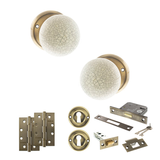 Old English Skipton Door Knob Pack (Lock Set - 3" Latch & Deadlock, 4" Slim Knuckle Hinges x2) - Antique Brass - Default