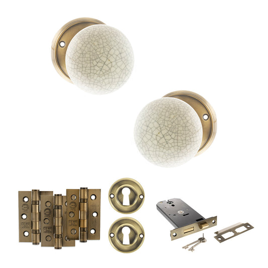 Old English Skipton Door Knob Pack (Lock Set - Horizontal Sashlock, 3" Fire Rated Hinges x3) - Antique Brass - Default