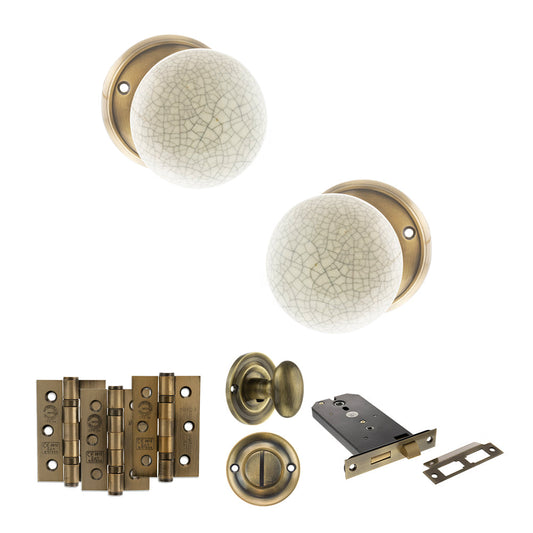 Old English Skipton Door Knob Pack (Lock Set - Horizontal Bathlock, 3" Fire Rated Hinges x3) - Antique Brass - Default
