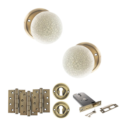 Old English Skipton Door Knob Pack (Lock Set - Horizontal Sashlock, 4" Fire Rated Hinges x3) - Antique Brass - Default