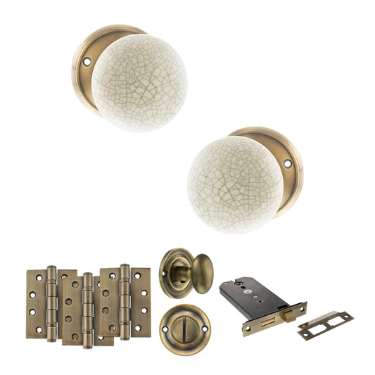 Old English Skipton Door Knob Pack (Lock Set - Horizontal Bathlock, 4" Fire Rated Hinges x3) - Antique Brass - Default