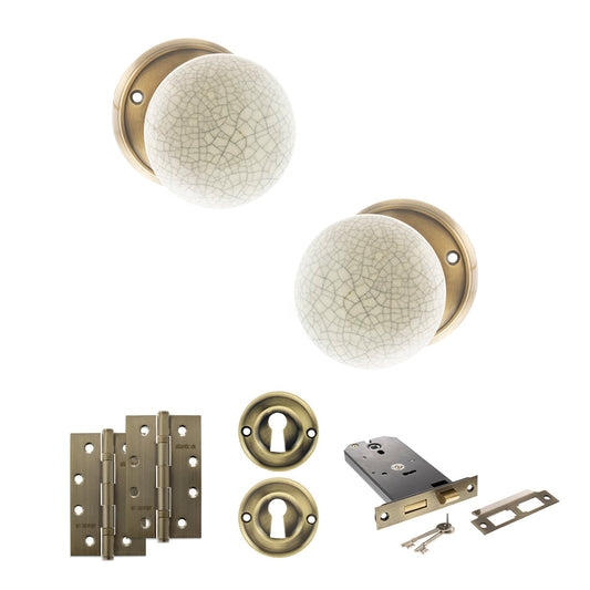 Old English Skipton Door Knob Pack (Lock Set - Horizontal Sashlock, 4" Slim Knuckle Hinges x2) - Antique Brass - Default