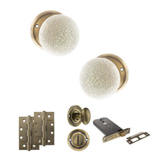 Old English Skipton Door Knob Pack (Lock Set - Horizontal Bathlock, 4" Slim Knuckle Hinges x2) - Antique Brass - Default