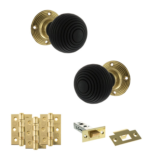 Old English Whitby Door Knob Pack (Latch Set - 4" HD Latch, 3" Fire Rated Hinges x3) - Polished Brass - Default