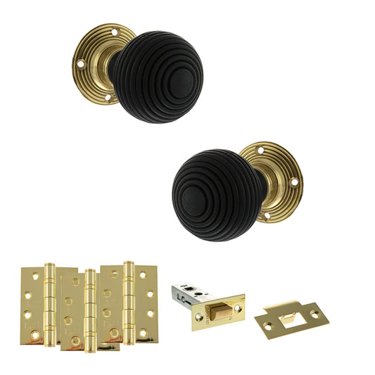 Old English Whitby Door Knob Pack (Latch Set - 4" HD Latch, 4" Fire Rated Hinges x3) - Polished Brass - Default