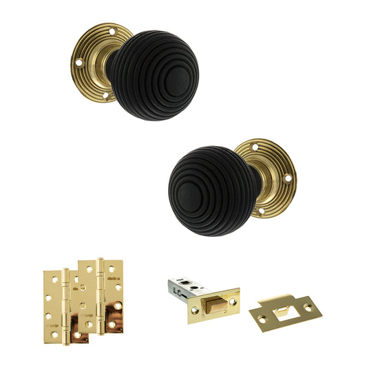 Old English Whitby Door Knob Pack (Latch Set - 4" HD Latch, 4" Slim Knuckle Hinges x2) - Polished Brass - Default