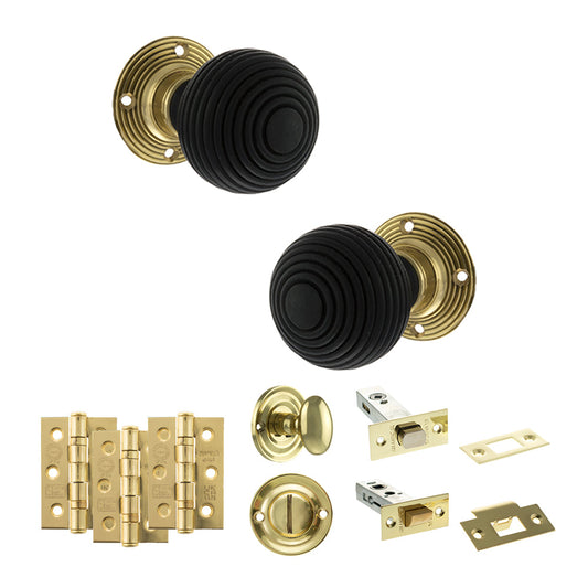 Old English Whitby Door Knob Pack (Bathroom Set - 4" Deadbolt, 3" Fire Rated Hinges x3) - Polished Brass - Default
