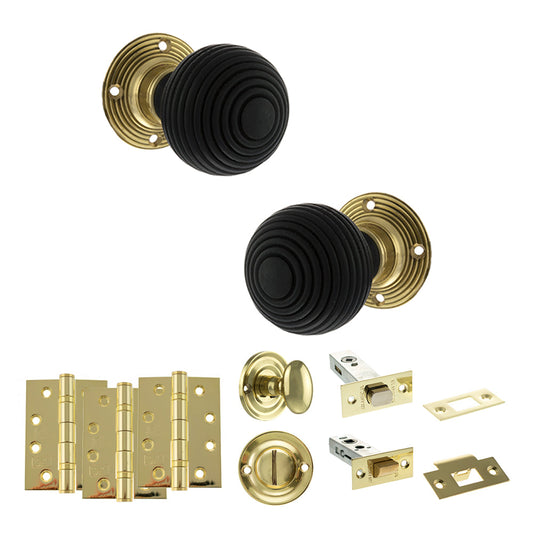 Old English Whitby Door Knob Pack (Bathroom Set - 4" Deadbolt, 4" Fire Rated Hinges x3) - Polished Brass - Default