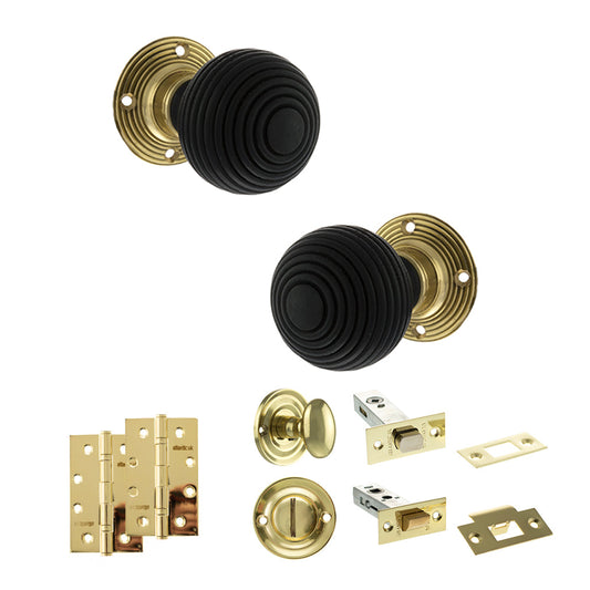 Old English Whitby Door Knob Pack (Bathroom Set - 4" Deadbolt, 4" Slim Knuckle Hinges x2) - Polished Brass - Default