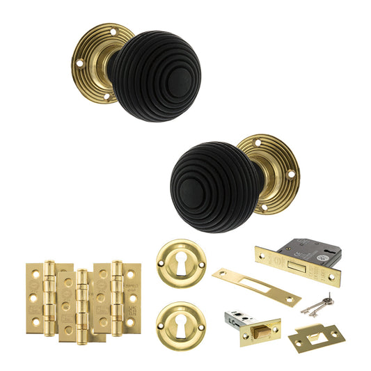 Old English Whitby Door Knob Pack (Lock Set - 3" Latch & Deadlock, 3" Fire Rated Hinges x3) - Polished Brass - Default