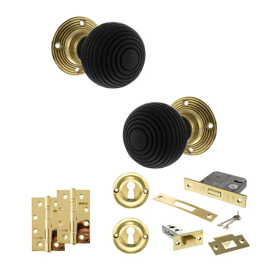 Old English Whitby Door Knob Pack (Lock Set - 3" Latch & Deadlock, 4" Slim Knuckle Hinges x2) - Polished Brass - Default