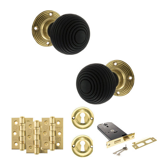 Old English Whitby Door Knob Pack (Lock Set - Horizontal Sashlock, 3" Fire Rated Hinges x3) - Polished Brass - Default