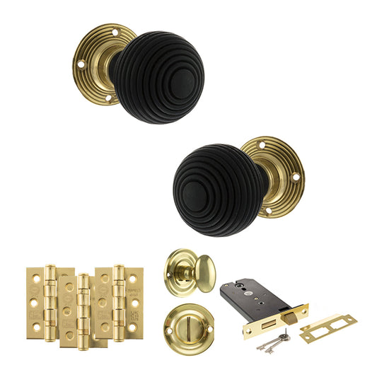 Old English Whitby Door Knob Pack (Lock Set - Horizontal Bathlock, 3" Fire Rated Hinges x3) - Polished Brass - Default