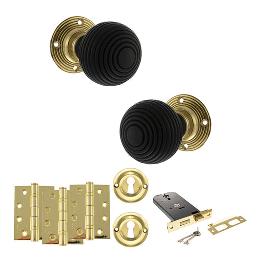 Old English Whitby Door Knob Pack (Lock Set - Horizontal Sashlock, 4" Fire Rated Hinges x3) - Polished Brass - Default