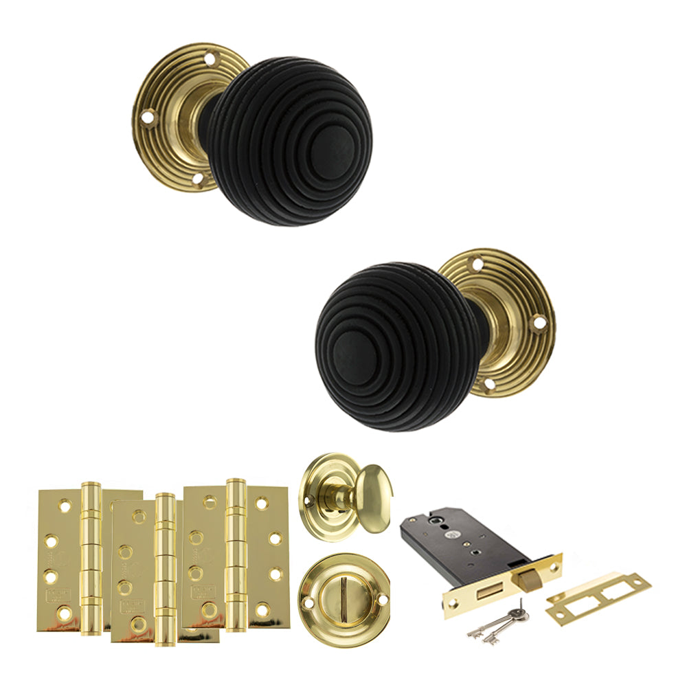 Old English Whitby Door Knob Pack (Lock Set - Horizontal Bathlock, 4" Fire Rated Hinges x3) - Polished Brass - Default