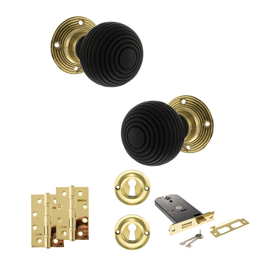 Old English Whitby Door Knob Pack (Lock Set - Horizontal Sashlock, 4" Slim Knuckle Hinges x2) - Polished Brass - Default