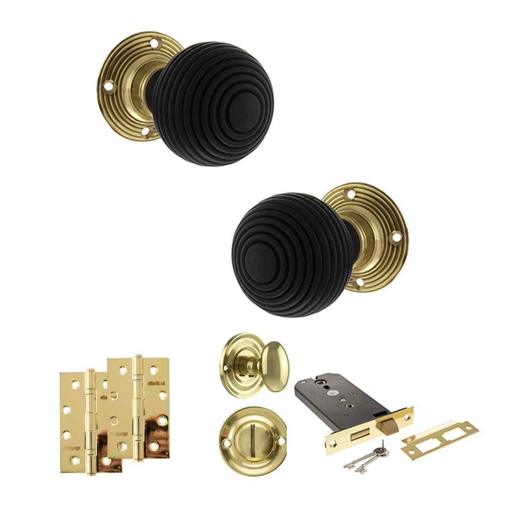 Old English Whitby Door Knob Pack (Lock Set - Horizontal Bathlock, 4" Slim Knuckle Hinges x2) - Polished Brass - Default