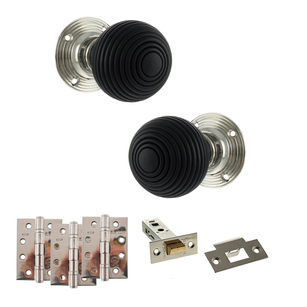 Old English Whitby Door Knob Pack (Latch Set - 4" HD Latch, 4" Fire Rated Hinges x3) - Polished Nickel - Default