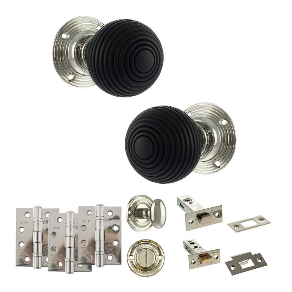 Old English Whitby Door Knob Pack (Bathroom Set - 4" Deadbolt, 4" Fire Rated Hinges x3) - Polished Nickel - Default