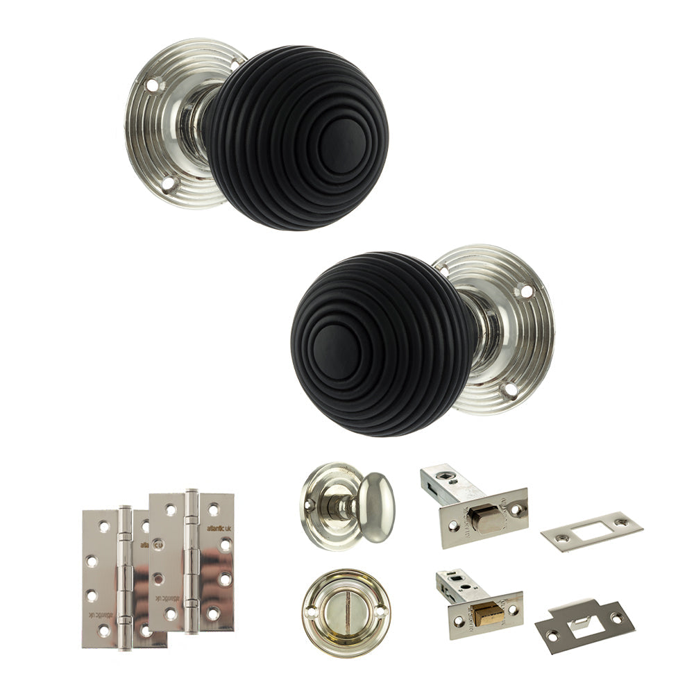 Old English Whitby Door Knob Pack (Bathroom Set - 3" Deadbolt, 4" Slim Knuckle Hinges x2) - Polished Nickel - Default