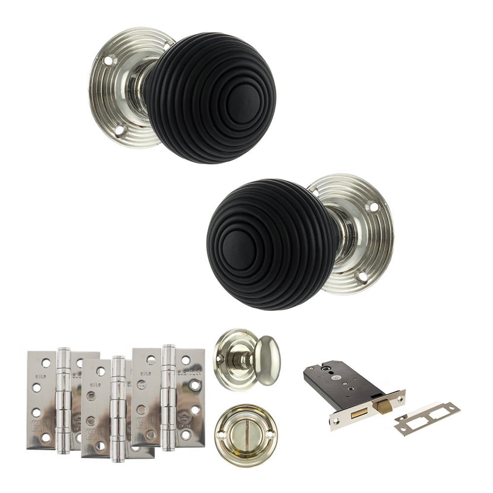 Old English Whitby Door Knob Pack (Lock Set - Horizontal Bathlock, 4" Fire Rated Hinges x3) - Polished Nickel - Default