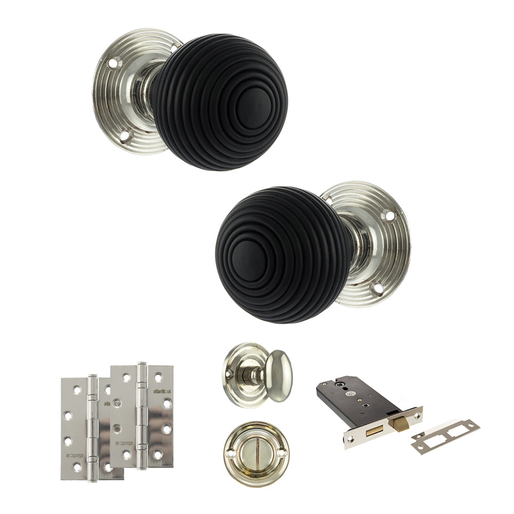 Old English Whitby Door Knob Pack (Lock Set - Horizontal Bathlock, 4" Slim Knuckle Hinges x2) - Polished Nickel - Default