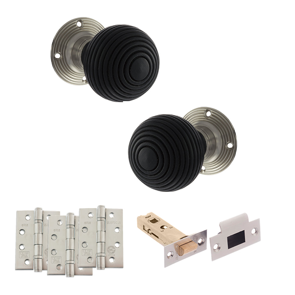 Old English Whitby Door Knob Pack (Latch Set - 4" HD Latch, 4" Fire Rated Hinges x3) - Satin Nickel - Default