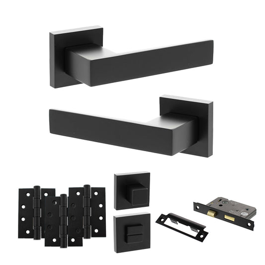Senza Pari Panetti Door Handle Pack (Bathroom Set - 3" CE Bathroom Lock, 4" Fire Rated Hinges x3) - Matt Black - Default