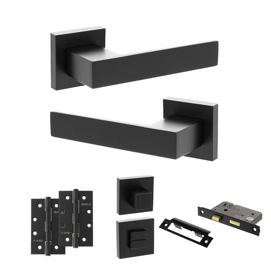 Senza Pari Panetti Door Handle Pack (Bathroom Set - 2.5" CE Bathroom Lock, 4" Slim Knuckle Hinges x2) - Matt Black - Default