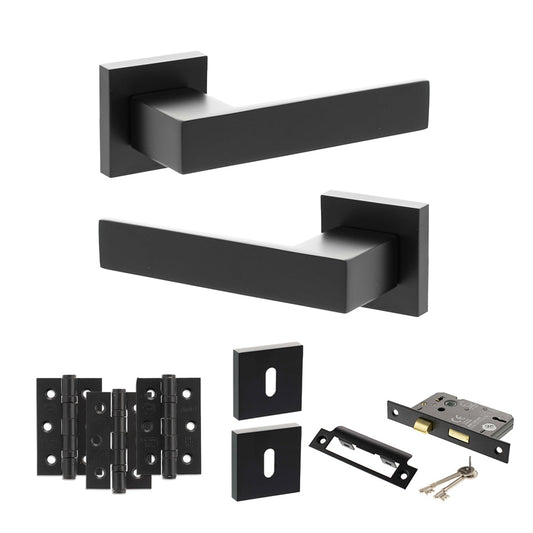 Senza Pari Panetti Door Handle Pack (3 Lever Lock Set - 3" CE Sashlock, 3" Fire Rated Hinges x3) - Matt Black - Default