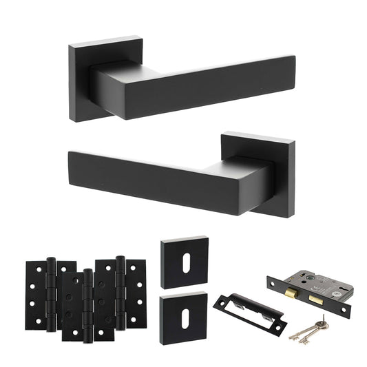 Senza Pari Panetti Door Handle Pack (3 Lever Lock Set - 3" CE Sashlock, 4" Fire Rated Hinges x3) - Matt Black - Default