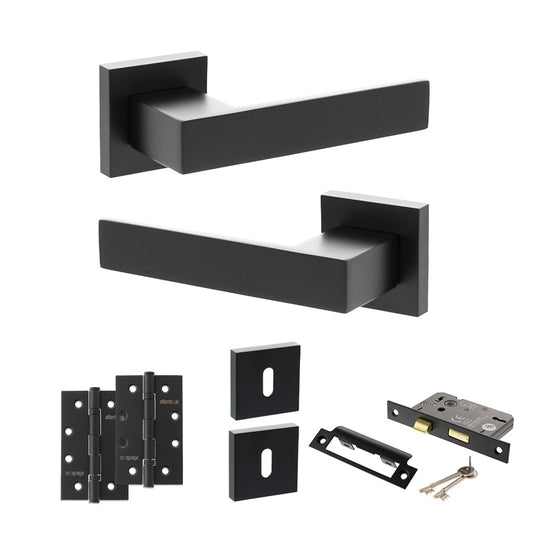Senza Pari Panetti Door Handle Pack (3 Lever Lock Set - 3" CE Sashlock, 4" Slim Knuckle Hinges x2) - Matt Black - Default