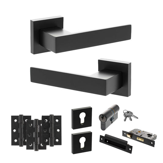 Senza Pari Panetti Door Handle Pack (Euro Lock Set - 2.5" CE Sashlock, 3" Fire Rated Hinges x3) - Matt Black - Default
